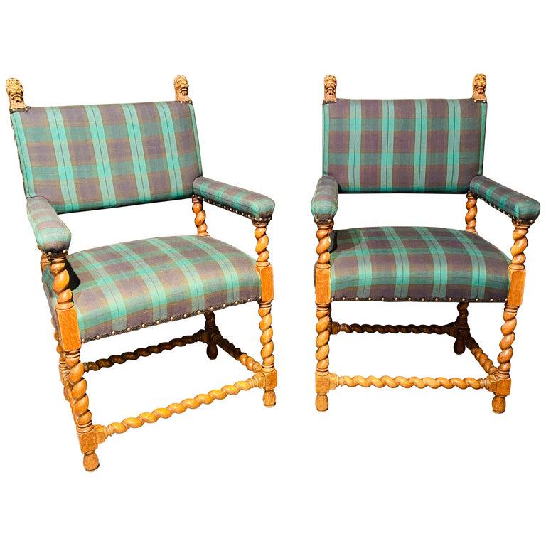 Pair Gothic Lion Head and Spiral Posts Armchairs (1 of 12)