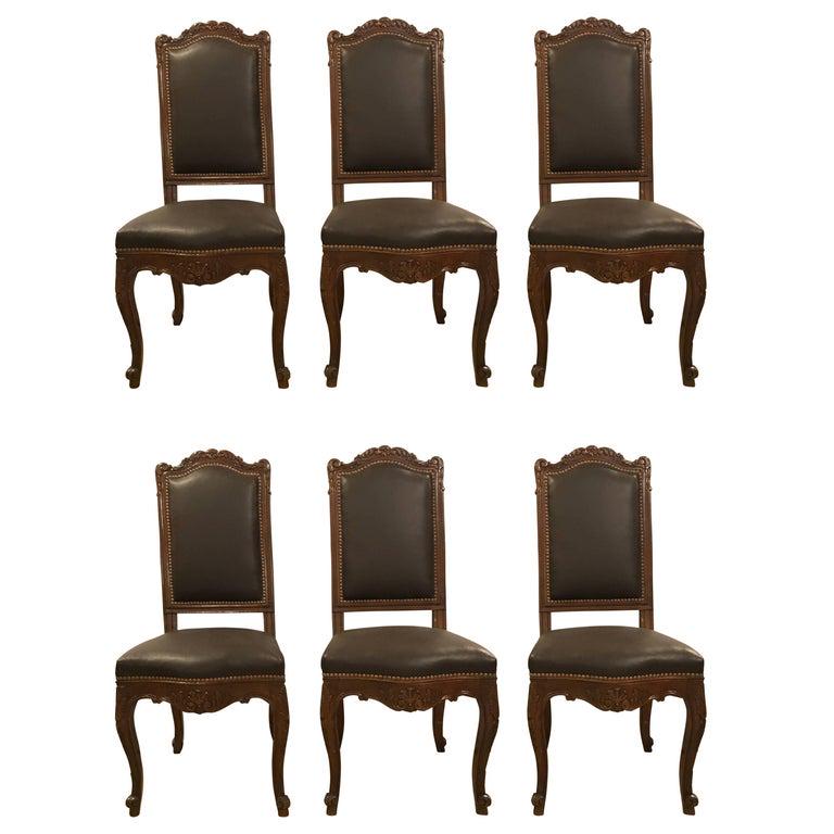 Set of Six Louis XV Style Brown Leather Carved Sid (1 of 10)