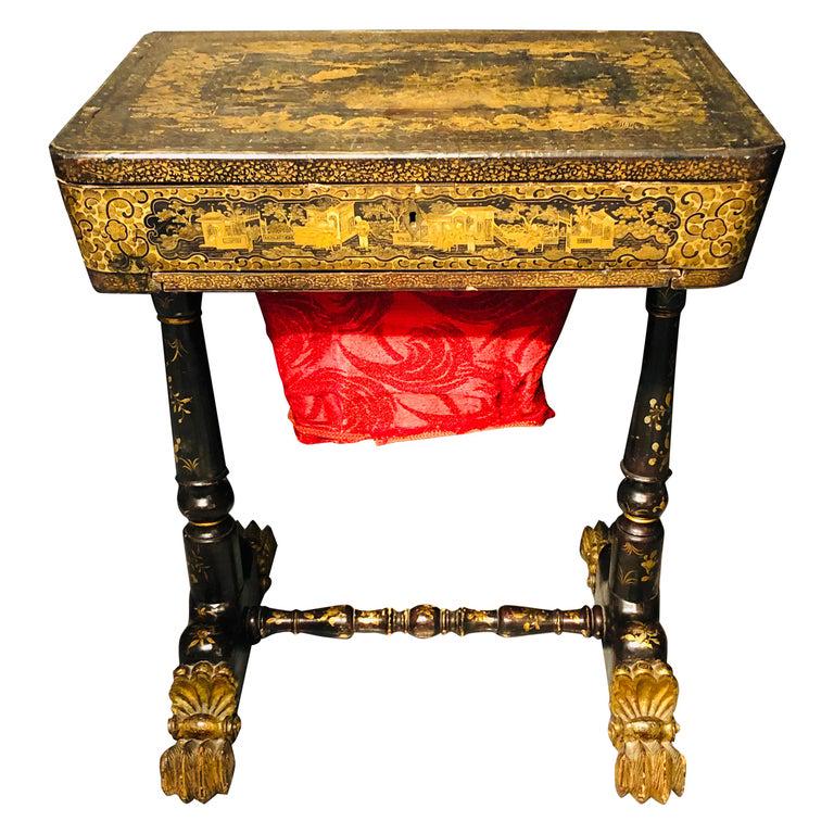 19th C. Regency Chinoiserie Decorated Sewing Stand: 19th century regency chinoiserie decorated sewing stand with elaborate detail. This is simply the finest in sewing tables with a pedigree to match. This regency chinoiserie sewing table, circa 1820, i