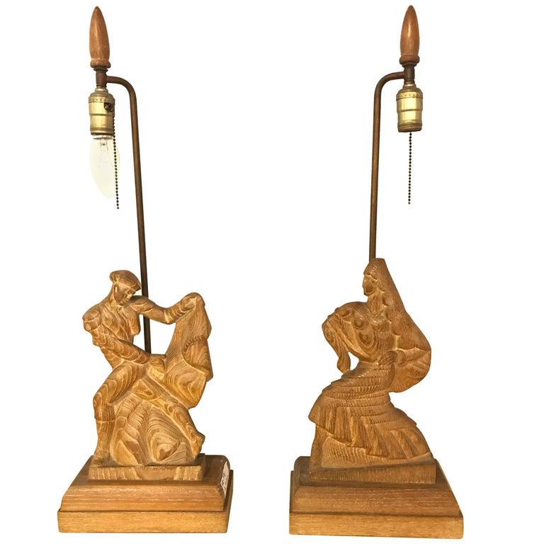 Pair of Art Deco Style Wood Carved Lamps (1 of 10)