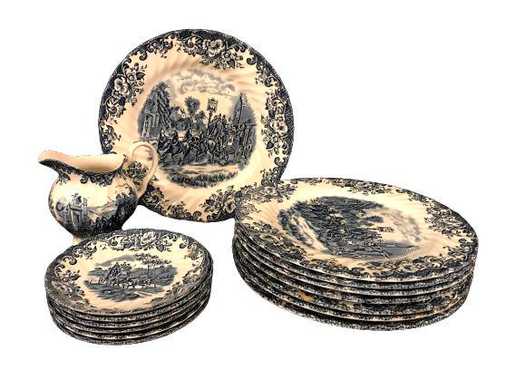 Collection of Coaching Scene Plates & Pitcher: 8 plates. 1 pitcher. 1 Wear is consistent with age, minor losses and chips, pictured. Marked on bottom, pictured. Made in England. Larger plates measures: 9.75" dia (101)