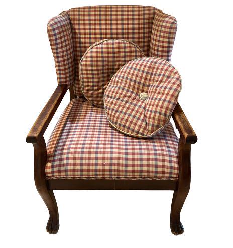 Upholstered Arm Chair with 2 Matching Pillows: In good condition. Staining to upholstery, pictured. Tear in bottom, pictured. Measures: 36" h x 24.25" x 23" d. Seat height: 18" (From a 330 Central Park West Estate)We do not ship. We do not have st