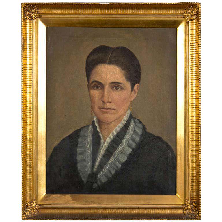 Oil on Canvas 19th C. Denmark Portrait Robed Lady: A finely detailed oil on canvas of a lady. The American gilt gold frame of wonderful quality centering around a 19th century oil on canvas of a robed lady. (107-27) 20.5" w x 1.5 d x 24.5" h