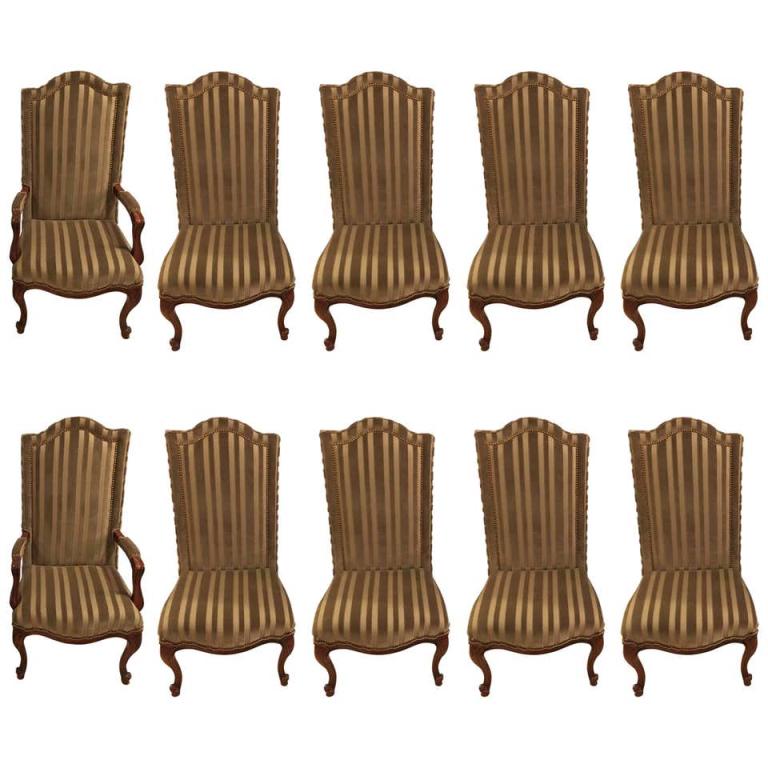 Set of Ten Harden Dining Room Chairs: Set of ten harden dining room chairs. Two armchairs and eight side chairs. Each in a clean and lovely stripped green fabric with double tacked frames. The whole resting on Louis XC style legs.