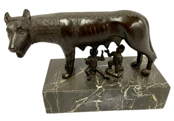 Bronze Sculpture of the Capitoline Wolf: Antique Bronze Sculpture of the Capitoline Wolf Suckling Romulus and Remus from the Legend of the Founding of Rome. (101-ME5) 9'.5'W x 4'D x 6'.5.H