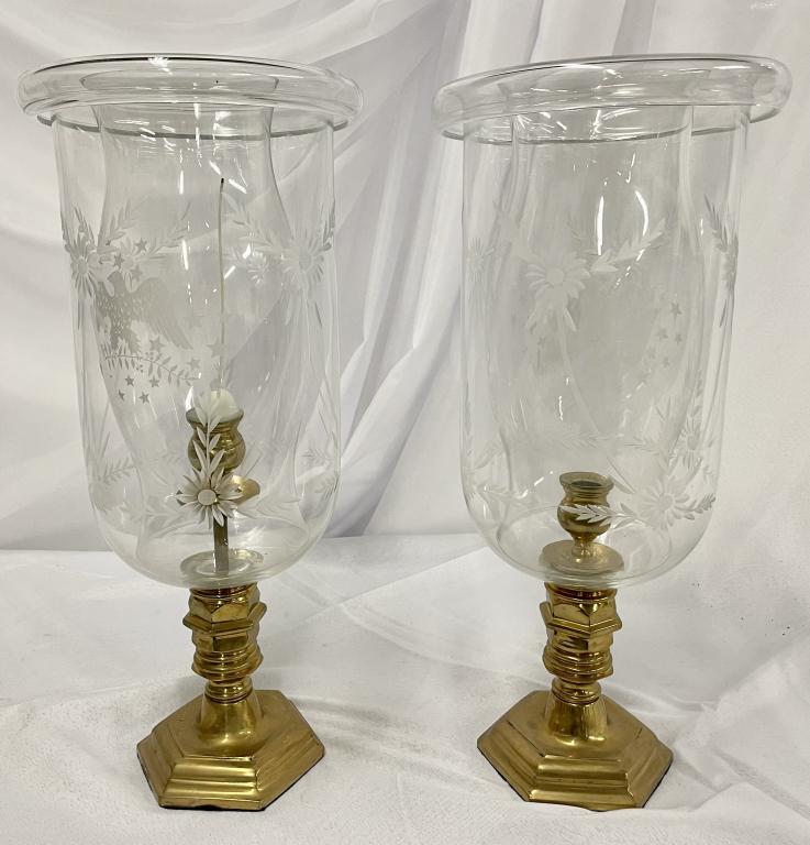 Pair of Brass Etched Glass Globe Candlesticks (1 of 7)