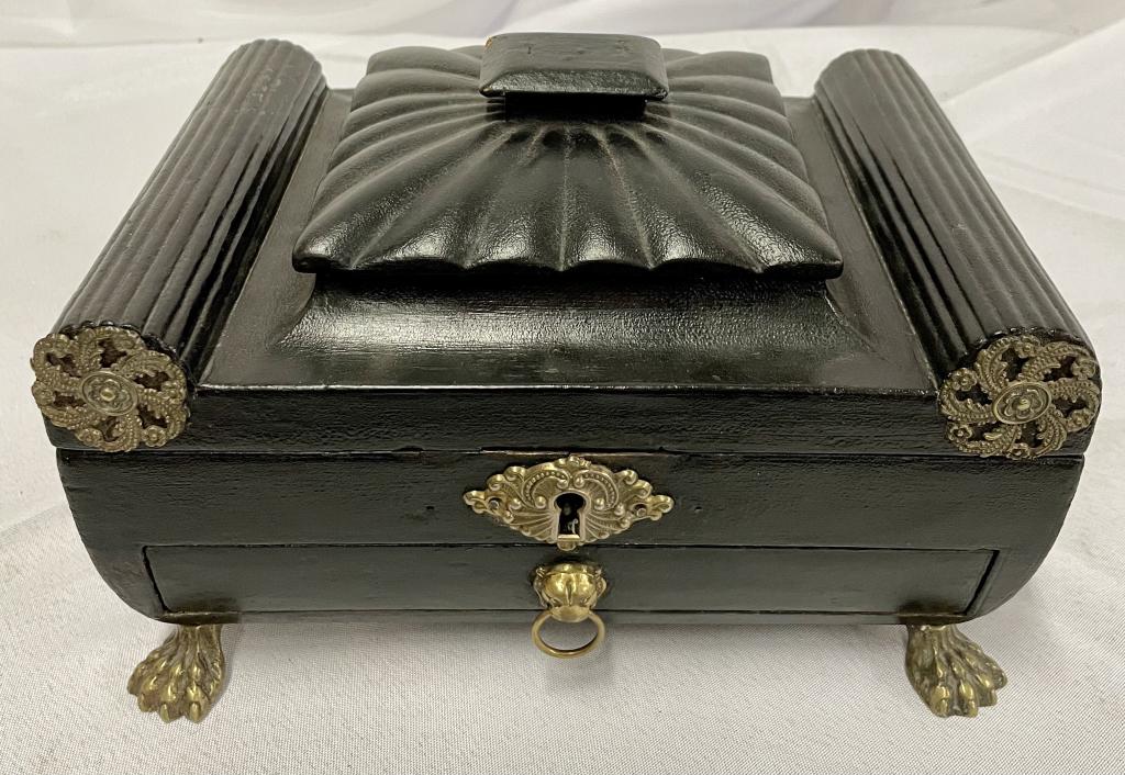 French Empire Jewelry Casket: Great Shaped 19th Century Black Ebonized Wood French Empire Casket with Brass Applique and a Single Drawer. as is - Some Damage as shown in Photos 10'W x 7.5'D x 6.75'H