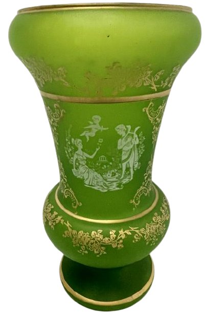 Vintage Frosted Glass Vase: Decorated with romantic scene. 15"H x 8"dia