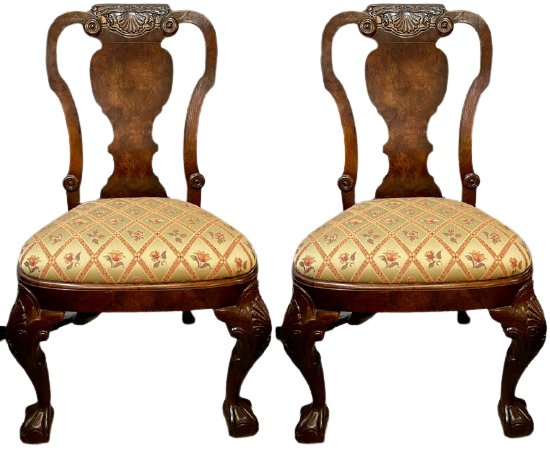 Pair of Chippendale Ball & Claw Upholstered Chair: Good condition. Newly upholstered. Measures: 22" x 20" x 40" Seat height: 20" (101)