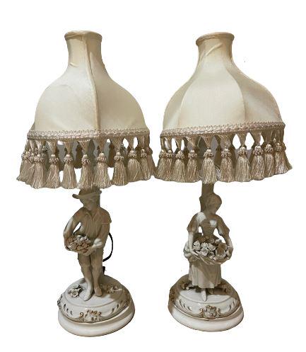 Pair of White Figurine Table Lamps: Shades not included. In good condition. (From a 330 Central Park West Estate)