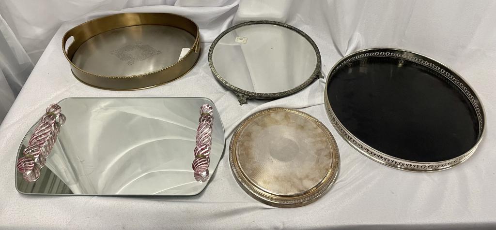 Collection of Trays and Stands: Including a Murano glass handed mirror tray and Christophle silvered stand. tray: 18" w x 10" d x .5" h