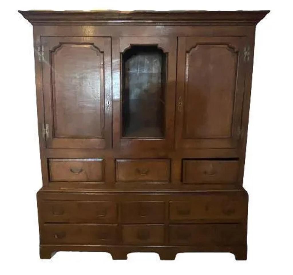 Early American 18th Century Hutch or Breakfront: Wear is consistent with age. (From a 330 Central Park West Estate)Two piece. Good Condition having a fine patina. We do not ship. We do not have staff to move items at this location. Please bring two 