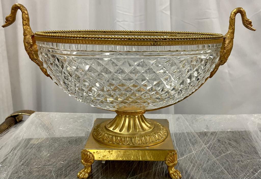 Louis XVI Dore Bronze Cut Glass Centerpiece: A large and finely detailed Dore Bronze Cut glass centerpiece. 17 x 7 x 11
