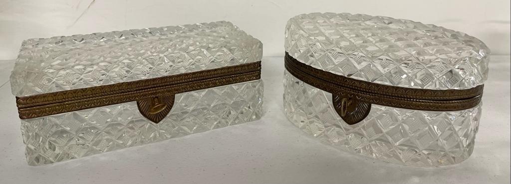 Two Louis XVI Bronze Crystal Casket Boxes: Both boxes are finely cut. Both have keys. Both have full set of hinges. The boxes appear larger than the pictures show. The cut glass in fine condition. 8.5 x 4.5 x 3.5 is the square. The oval measur