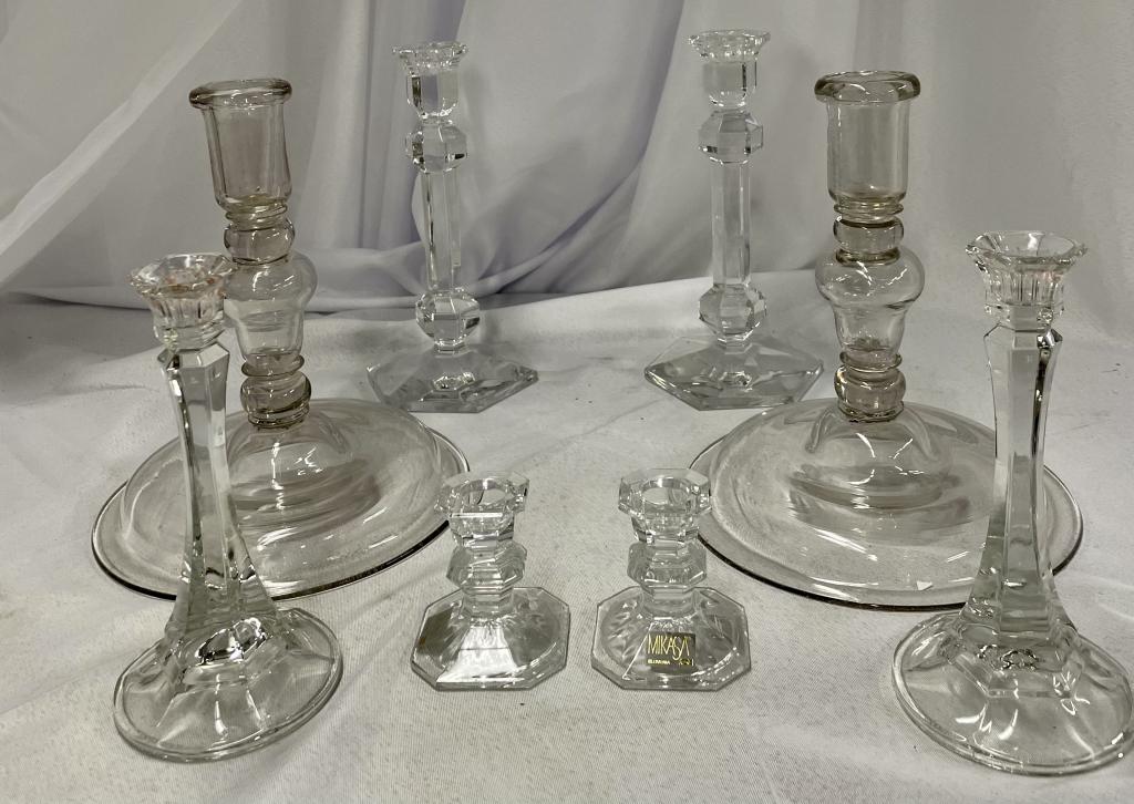 Four Pairs of Glass Candlesticks: Four Pairs of Glass Candlesticks including a pair by Val St Lambert & Mikasa and a Large 19th Century Pair as well. (425-07) 2.5W x 2.5D x 4'H