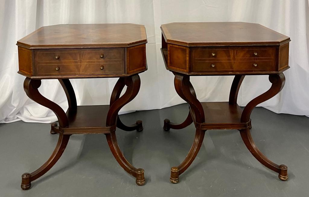 Pair Side Table 455-39: Flame Mahogany. Tops need to be refinished. 28" h x 24.5"sq. This item removed and sold without reserve from the Long Island home of Dr Shawn Garber.