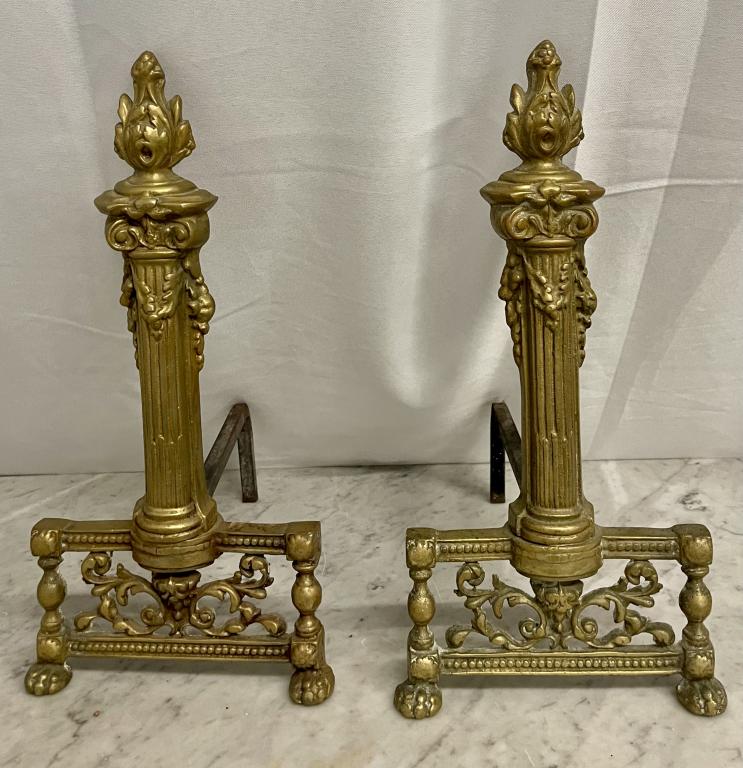 Pair Bronze Andirons 455-84: 16" h x 7.5" w This item removed and sold without reserve from the Long Island home of Dr Shawn Garber.