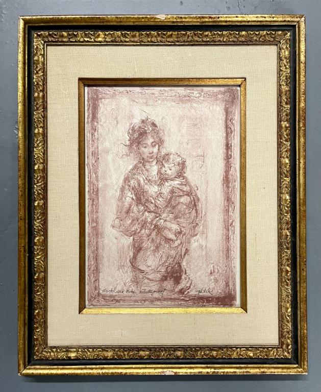 Edna Hibel Mother and Child Artist Proof 455-115: In a wonderful gilt frame. 16.5" h x 21" x 1"d This item removed and sold without reserve from the Long Island home of Dr Shawn Garber.