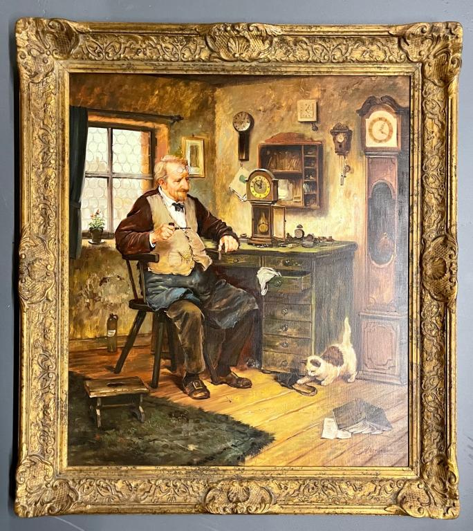 Oil on Canvas Clock Maker Conrad Hermann 20th Century: Original oil Painting. Conrad Herrmann is a German artist who was born in 1935 in Berlin, Germany. He studied Master under Verkerk where he specialized in figure painting. 34" w x 2" d x 37" h.