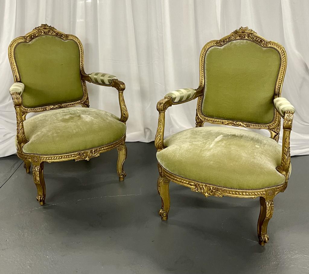 Pair Duvet of Fauteuils, Gilt, 19th Century: Matching Canape sold in prior lot. 27" w x 25" d x 41" h Seat height: 19" h Fresh Estate item from a Bedford Hills Home.