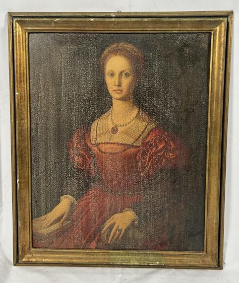 Reproduction of Portrait of Lucrezia Panciatichi: 19th century Reproduction of Portrait of Lucrezia Panciatichi by Agnolo Bronzino (1503-72). Print on board. In the style of Mannerism (Late Renaissance). The original is on display at the Uffizi Galle