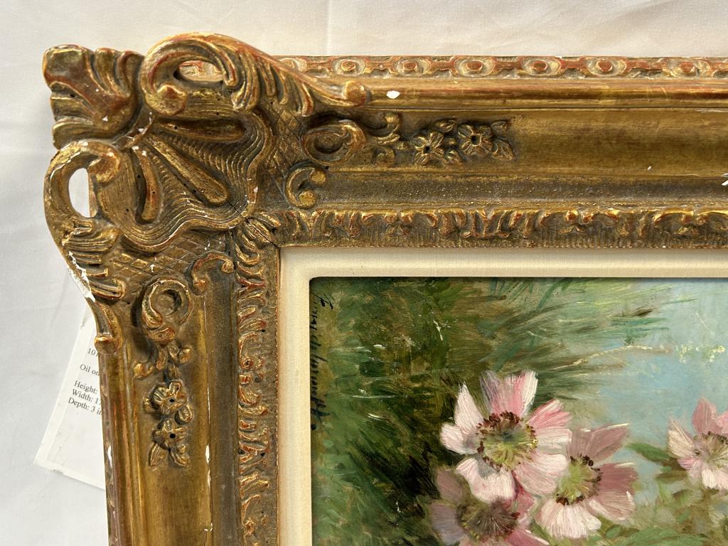 Oil painting On Board, Study Of Wildflowers.: Oil painting On Board, Study Of Wildflowers. Oil painting on board signed bottom left corner illegibly. French impressionist carved gilt wood frame. Measures 19.5 X 17.