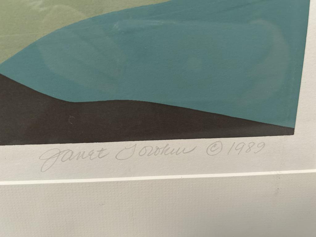 Sorokin, Janet, "Wanderlust". Color Screenprint: Janet Sorokin (American, 20th/21st Century) Wanderlust, 1989. Signed and dated in pencil. Color screenprint. Custom Framing, Metal painted acrylic. Measures: Height 36 Inches; Width 44.5 Inches, Depth