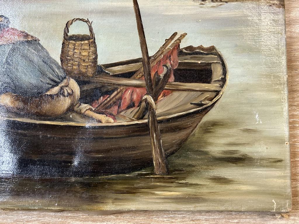 Oil on Canvas, Antique Fisherman in Rowboat.: Oil on Canvas, Antique Fisherman in Rowboat. Measures: Height 9 Inches; Width 16.5 Inches; Depth 1 Inch. Two small rips and some scratches.