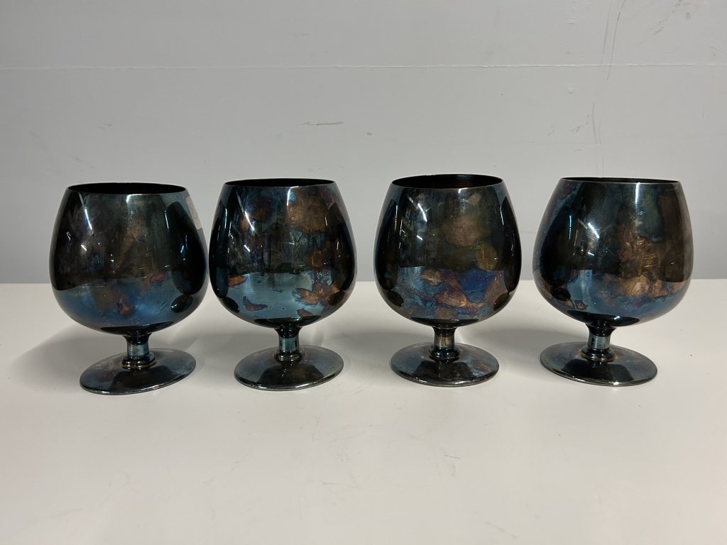 Sheridan Cordial Silver on Copper Goblets: Sheridan Cordial Silver on Copper Goblets. Marked on bottom. Sheridan Cordial Silver Plated Goblets. Measures: Height 5 3/4 Inches x Opening 3 Inches x Width 4 Inches.