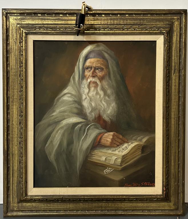 Hans Tory Steiner, Portrait of Religious Man.: Hans Tory Steiner, Portrait of Religious Man. Oil on Canvas framed with gallery lighting attachment. Signed bottom right. Height 33 Inches, Width 29 Inches, Depth 1 Inch.