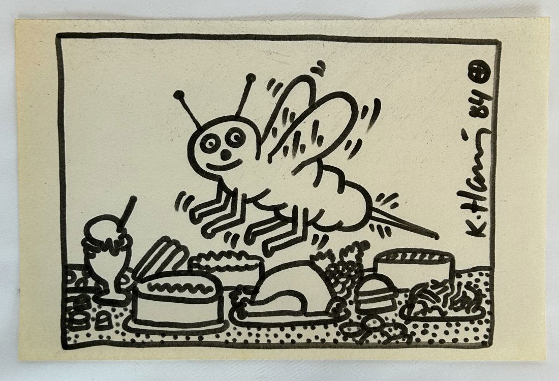 Signed, Keith Haring Style, Bee Over Picnic Table: Signed, Keith Haring Style, Bee Over Picnic Table. A rare piece in likeness to world renowned artist, Keith Haring. Keith Haring (1958-1990) became an icon amongst the New York City art scene with his