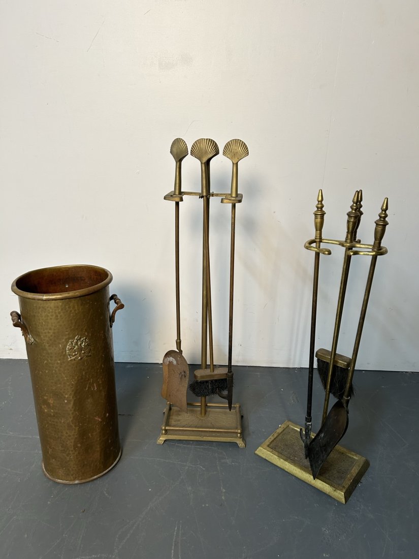 Collection of Brass Fireplace Tools and Umbrella Stand: Collection of Brass Fireplace Tools and Umbrella Stand. Height 32 Inches x Width 9 Inches.