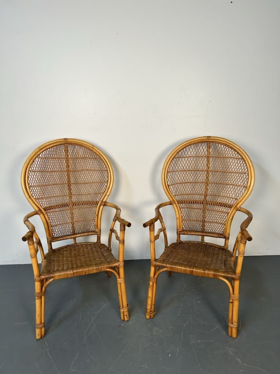 Pair of Vintage Rattan & Wicker Balloon Back Peacock Chair (1 of 18)