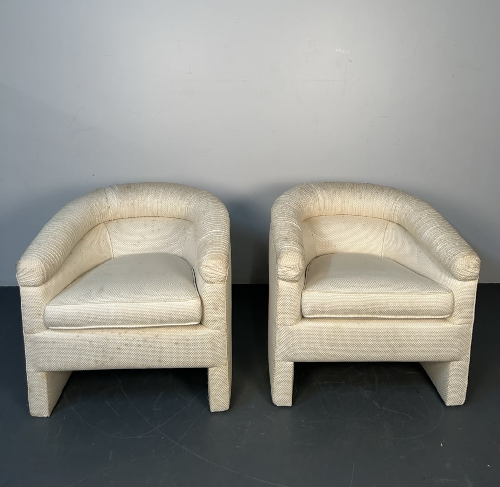 Pair of Upholstered Deep Lounge Chairs: White Swivel - Height 30 Inches, Seat Height 21 Inches, Width 29 Inches, Depth 32 Inches
