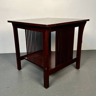Stamped Stickley Mission Collection Square Solid Wood Table: Stamped Stickley Mission Collection Square Solid Wood Table. This end table features classic Mission styling, including spindle sides, corbels, and pinned through-tenons. Height 27 Inches, Width 28 In