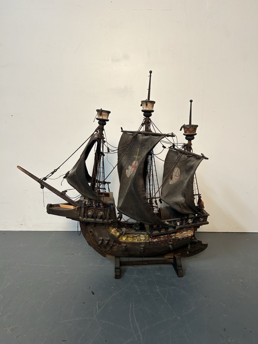 Antique Model Ship: Finely Crafted. Height 34 Inches, Width 35 Inches, Depth 10 Inches.