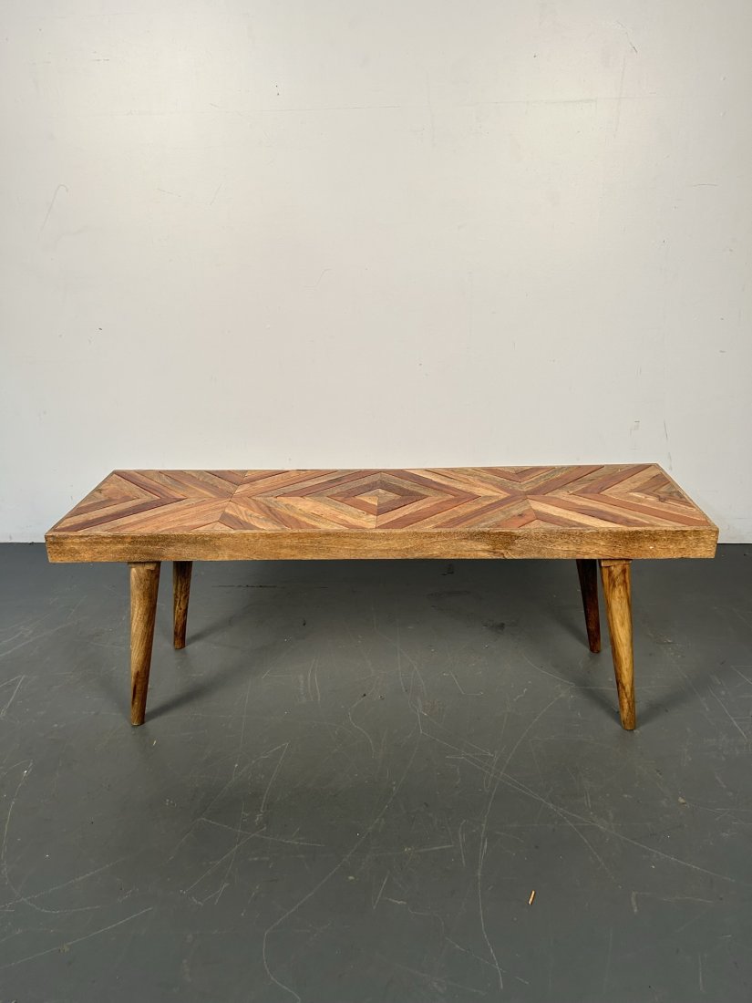 Multicolored Wood Bench: Multicolored Wood Bench. Height 18 Inches, Depth 14.5 Inches, Width 48 Inches.