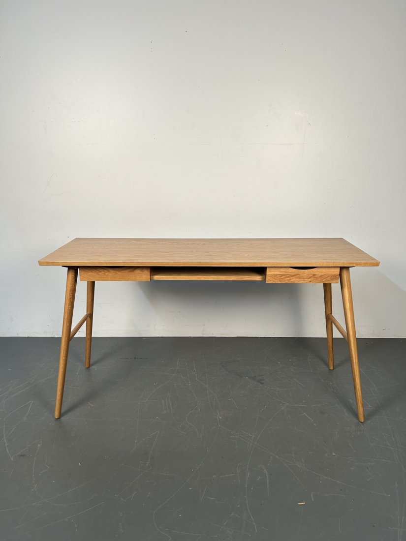 Two Drawer Modern Light Wood Desk: Two Drawer Modern Light Wood Desk. Height 30 Inches, Width 55 Inches, Depth 19 3/4 Inches.