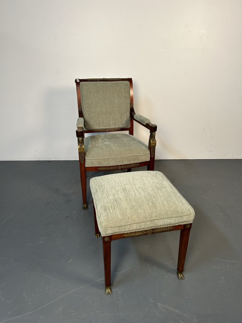 French Empire Mahogany Bronze Armchair w/ Ottoman (1 of 19)