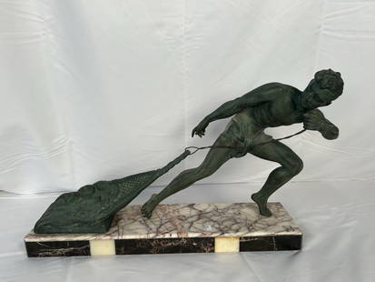 E. Menneville Signed Grand Tour Style Sculpture of Fishing Man: E. Menneville Signed Grand Tour Style Sculpture of Fishing Man. Sculpture/Statue. Art Deco Statue of Male Pulling Net. Verdigris finish. Mounted on a pieced marble base. Signed Menneville. 20th Centur