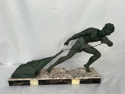 E. Menneville Signed Grand Tour Style Sculpture of Fishing Man: E. Menneville Signed Grand Tour Style Sculpture of Fishing Man. Sculpture/Statue. Art Deco Statue of Male Pulling Net. Verdigris finish. Mounted on a pieced marble base. Signed Menneville. 20th