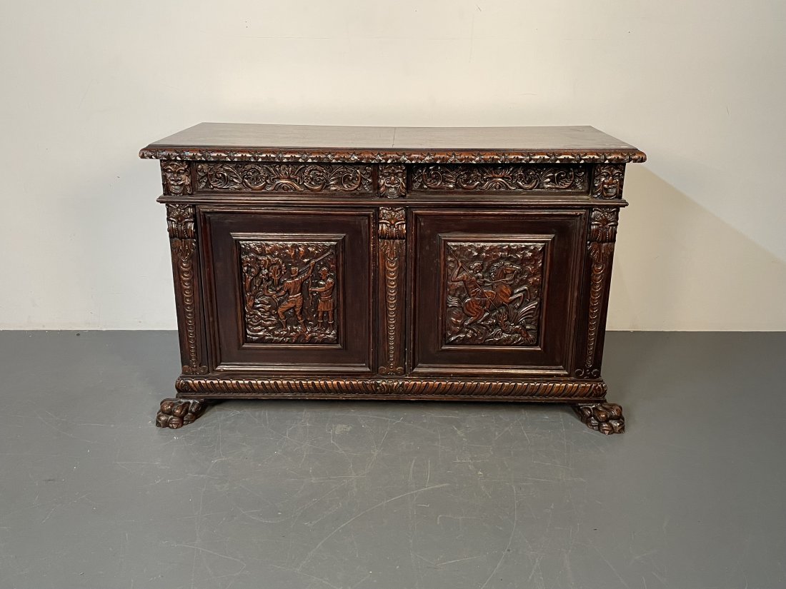 Late 19th/Early 20th Century Heavily Carved Renaissance Revival Server: Late 19th/Early 20th Century Heavily Carved Renaissance Revival Server. Height 37 Inches, Depth 24 Inches, Width 59 Inches.