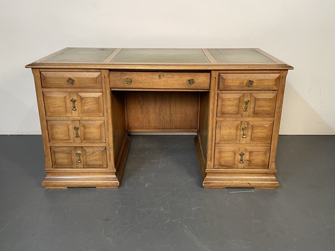 Leather Top Executive Pedestal Desk: Leather Top Executive Pedestal Desk. Height 29 3/4 Inches, Width 54.5 Inches, Depth 27 Inches