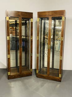 Pair of Vintage Henredon Two Door Beveled Glass Illuminated Cabinets, Four Shelves.: Pair of Vintage Henredon Two Door Beveled Glass Illuminated Cabinets, Four Shelves. Very Fine Condition. Height 82 Inches, Depth 15 Inches, Width 31.5 Inches.