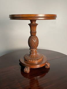 Carved Pineapple Mahogany Pedestal Accent Table: Carved Pineapple Mahogany Pedestal Accent Table. Height 27 Inches x Depth 22.5 Inches.