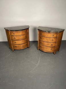 Pair of Lexington Demilune Commodes or Large Nightstands: Pair of Lexington Marble Scalloped Top Demilune Commodes or Large Nightstands. Each having four drawers. Lexington "Southern Living" Collection. Height 35 Inches, Width 38 Inches, Depth 19 Inches.