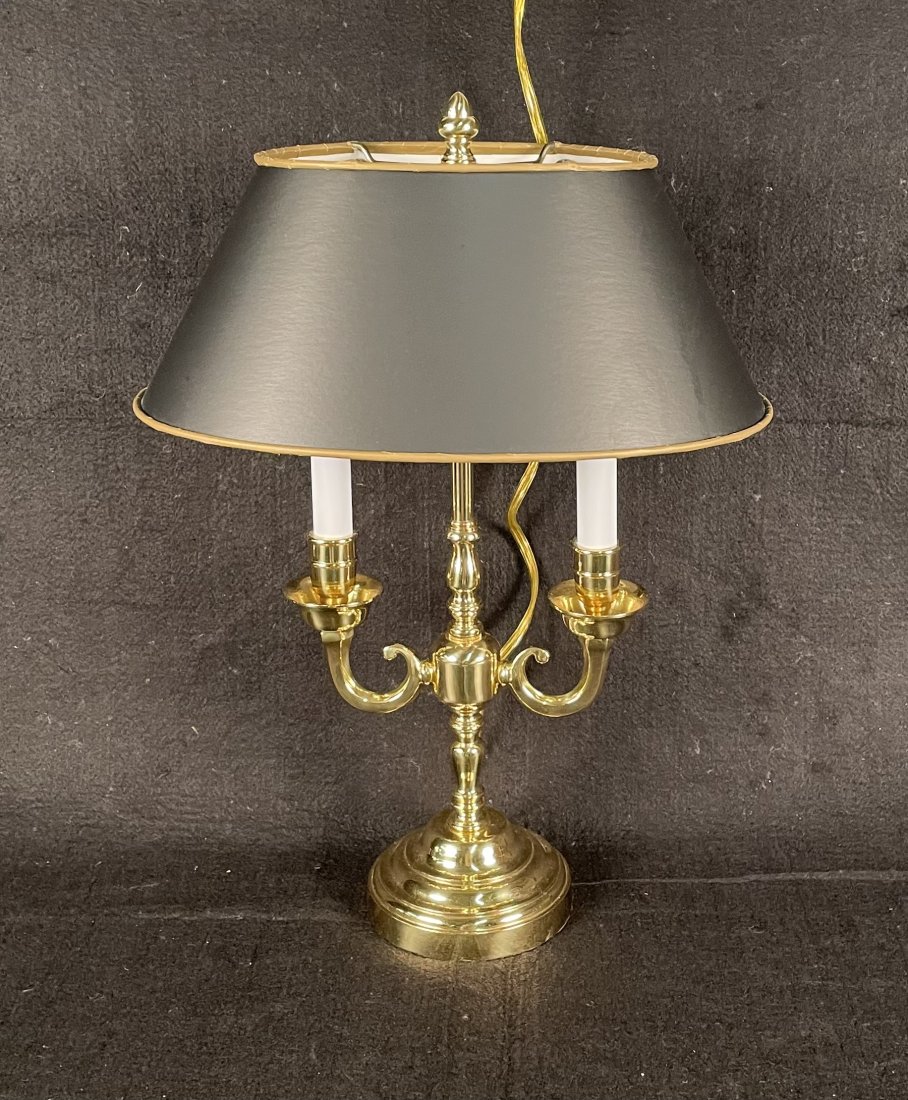 Vintage Brass Desk Lamp with Shade: Brass Desk Lamp with Tole Shade. Height 19.5 Inches x Width 13.5 Inches.