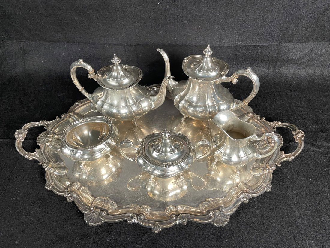 Fisher Sterling Silver Five Piece Tea Set on a Sheffield Silver Plated Tray (1 of 8)