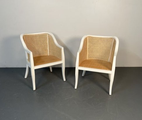 Pair of Natural Cane Curved Back Contemporary Dining Chairs: Pair of Natural Cane Curved Back Contemporary Dining Chairs. Dining or accent chairs. Modern curved frame. Comfortable deep seat. Height 33 Inches, Depth 23 Inches, Width 23 Inches, Seat Height 16.5 I