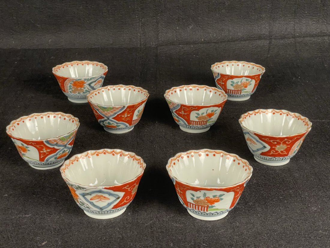 Collection of Eight Edo Period (c. 1880 AD) Japanese Flora and Fauna Porcelain Bowls: Collection of Eight Edo Period (c. 1880 AD) Japanese Flora and Fauna Porcelain Bowls. Tea, Sake, or rice bowls. Peonies and Butterfly Designs. 2.5 H by 4 Diameter